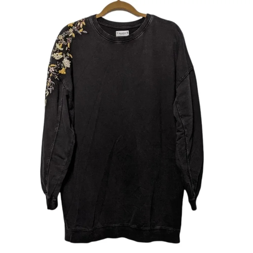 PULL & BEAR Let's Gem Floral Embroidered Sleeve Pullover Top S